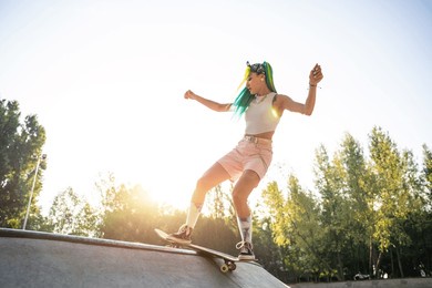 professional skateboarders having fun at the skate park