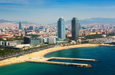 aerial view of barcelona from mediterranean sea. 