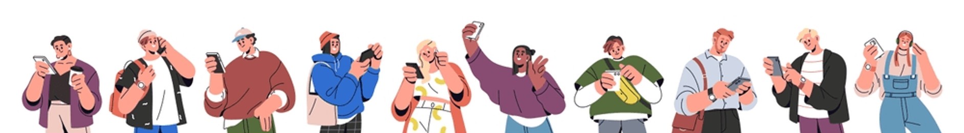 young people using smartphones set. male and female characters holding mobile phones, cell devices, chatting in internet, messaging, looking. flat vector illustration isolated on white background