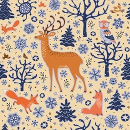 seamless forest background. winter pattern. owl, deer, foxes, squirrel, birds, trees and snowflakes. vector illustration.