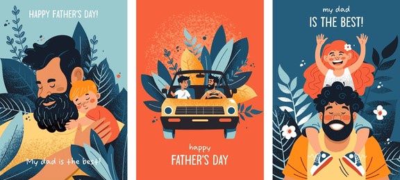 set of postcards dedicated to father's day. family, father and son, father and daughter, friendship and mutual understanding. prints for clothes, cover for notebooks, posters, postcards, advertising a
