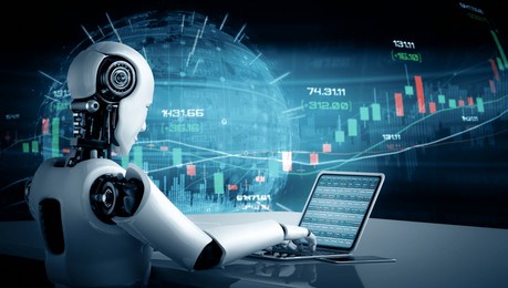 xai 3d illustration future financial technology controlled by ai robot using machine learning and artificial intelligence to analyze business data and give advice on investment and trading decision