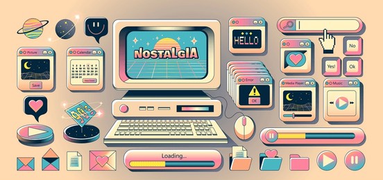 old computer aestethic. vaporwave style pc elements, user interface, ui, , planet, dialogue windows, icons in trendy y2k retro style. vector illustrations. nostalgia for 1990s -2000s.	