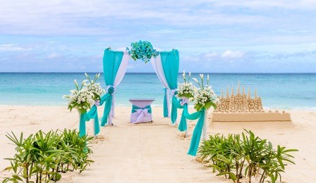 beautiful wedding arch, cabana on sand beach, outdoor beach wedding