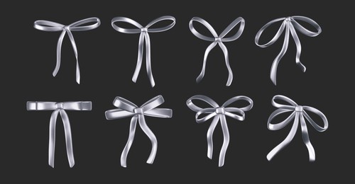 3d chrome liquid bow ribbon in y2k style isolated on a dark background. render of the modern silver aesthetic bow knot, vintage girly hair accessory with reflection gradient effect. 3d vector y2k icon