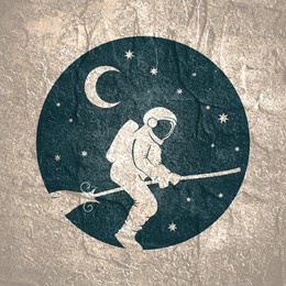 astronaut monochrome sketch. spaceman flying on broomstick. backdrop filled with crescent moon and stars. astronaut cosmic traveler concept.