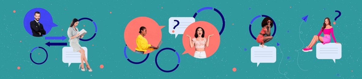 composite panoramic collage of happy people girls guy talk speak correspondence mind icon type sms macbook isolated on painted background