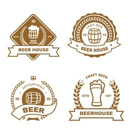 set of vintage monochrome badge, logo  and design elements for beer house, bar, pub, brewing company, brewery, tavern, restaurant - mug, glass, barrel, wheat icons