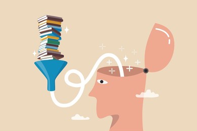 read book fast to learning new lesson, education or studying, inspiration or easy learning, literature or intelligence information, schooling concept, book stack in funnel easy to flow in human head.