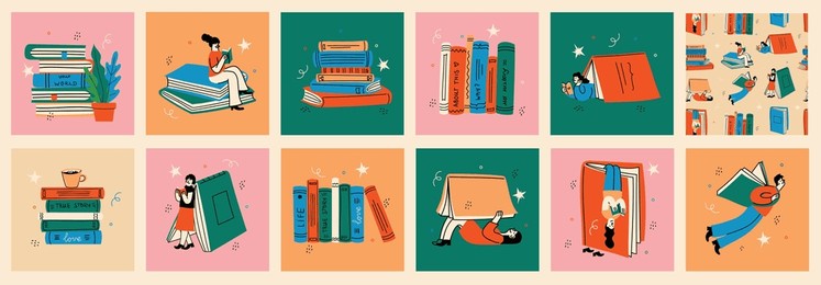 book concepts set. happy readers reading books and flying, laying , sitting everywhere. flat trendy retro vector illustrations isolated on white background