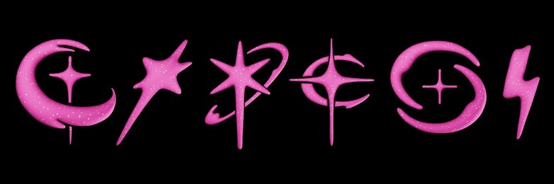 3d y2k star icon set, futuristic plastic space abstract shape, cosmic pink inflatable design element. balloon acid galaxy symbol collection, cute simple creative sign. 3d star sparkle shiny forms