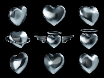 liquid chrome heart icons. shiny metallic love symbol, retro y2k hearts and romantic futuristic 3d shape vector set of chrome element futuristic icon illustration of abstract chrome element futuristic