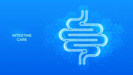 intestine icon. intestine health. diagnosis, treatment of the bowel. intestinal inflammation, colitis, dysbacteriosis. molecular structure. blue medical background with hexagons. vector illustration.