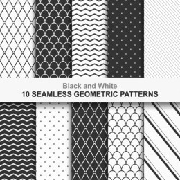 10 seamless geometric vector patterns, black and white texture