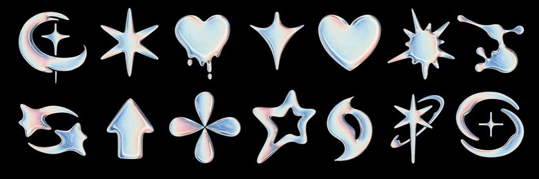 3d y2k star holographic icon set glossy futuristic abstract space shape neon cosmic design elements. liquid retro galaxy symbol collection cute gradient cyber creative sign. 3d star  fluid shiny forms