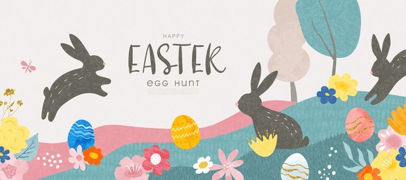 happy easter, egg hunt. modern illustration with bunnies, flowers, eggs in a clearing. vector banner with grainy texture.