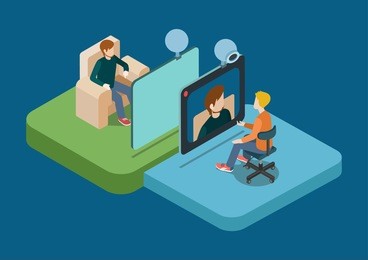 video call chat conference flat 3d web isometric infographic concept vector. two men speaking over web camera. creative people collection.