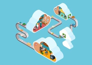 flat 3d web isometric cloud office rooms collaboration interior infographic concept vector. clouds connected documents, objects. staff workplace, laboratory, meeting room. creative people collection.