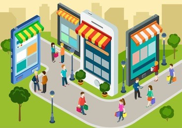 flat 3d web isometric e-commerce, electronic business, online mobile shopping, sales, black friday infographic concept vector. people walk on the street between stores boutiques like phones tablets.