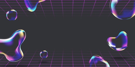 abstract futuristic background in retro y2k style with bubbles and grid. banner with copy space. vector stock illustration.
