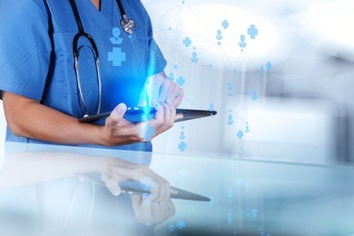 smart medical doctor hand showing network with operating room as concept 