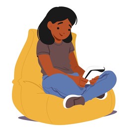 young girl character engrossed in a book sitting on bean bag, her eyes wide with wonder as she explores imaginary worlds through the pages, lost in magic of reading. cartoon people vector illustration