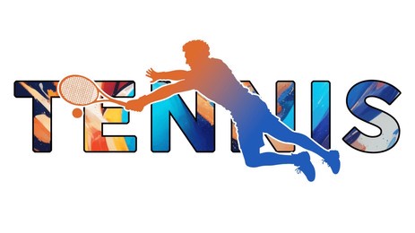 isolated text tennis on withe background - color icon gradient silhouette figure of a male diving to reach ball