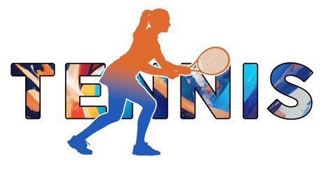 isolated text tennis on withe background - color icon gradient silhouette figure of a female or woman anticipation on receiving serve 