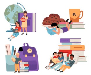 set of icons with books, school supplies, teenage characters reading books in different poses. concept of children's reading or educational material. flat and isolated illustrations.