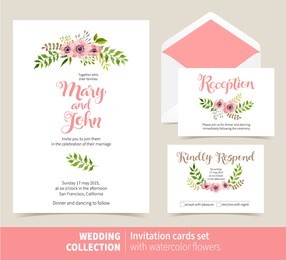 vector set of invitation cards with watercolor flowers elements and calligraphic letters. wedding collection