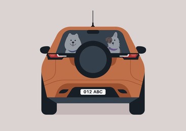 a couple of funny cute puppies sitting on a backseat of a suv car