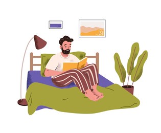 adult bearded man reads book in bed. reader relaxes indoor. person holds storybook in hands, gets pleasants from stories, novels at home. flat isolated vector illustration on white background.