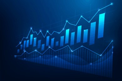 business graph finance trading increase technology on blue background. chart stock market growth digital. vector illustration fantastic design.