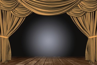 old fashioned, elegant theater stage with gold velvet curtains.
