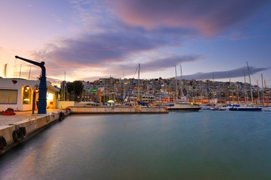 sunset in mikrolimano marina in athens, greece.