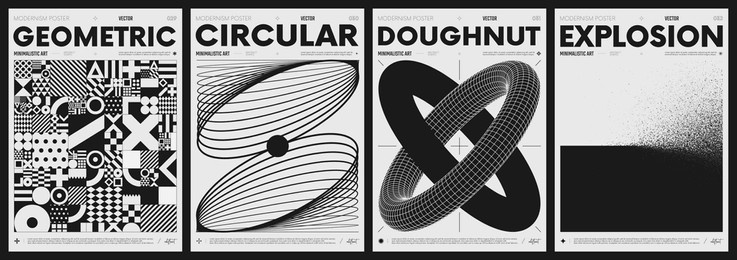 modern abstract poster collection, vector minimalist posters with geometric shapes in black and white, brutalist style inspired graphics, bold aesthetic, shape distortion effect set 8