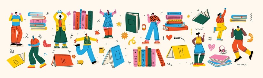 book concepts set. happy readers reading books and flying, laying , sitting everywhere. flat trendy retro vector illustrations isolated on white background