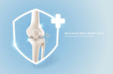 specialized clinic for bone and knee health or care. symbol of medical services it has a shield and plus symbol consisting of a straight leg bone on a background.  vector illustration file template.