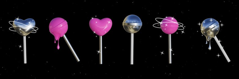 trendy set of lollipops in y2k style. round, heart-shaped candies with a smooth flowing texture in pink or metallic chrome color. vector illustration of 3d candies.