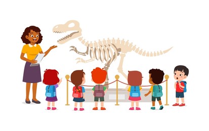 little kid and friends visit museum to watch fossil