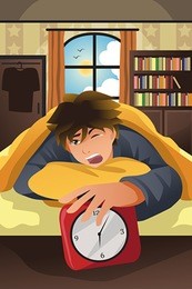 a vector illustration of sleeping man turning off alarm