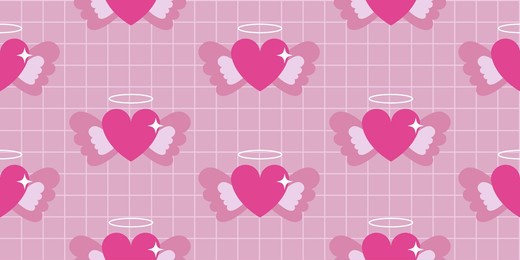 heart with nimbus and angel wings y2k seamless pattern. trendy retro design  background. nostalgic 90s, 2000s illustration for textile, wrapping paper, fabric, wallpaper, cover