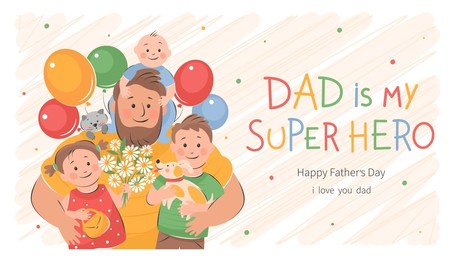 happy father's day! vector cute illustration of dad with children. drawings father's day with holiday wishes for postcards, posters,  banner.