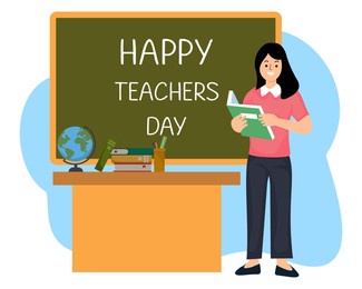 portrait female teacher standing hold book on front a blackboard or poster greeting happy teachers day