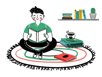 man reading book at home, sitting on floor. character sitting and education, person young leisure, read literature illustration
