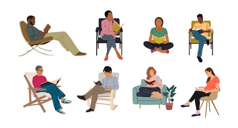 set of different people, multiracial men, women reading book, sitting on chair, lying on sofa, standing, pregnant woman. book loving concept. cartoon vector characters on white background.