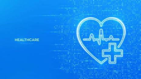 healthcare. health insurance. heart with cross and heartbeat icon. health care and medical services banner. blue medical background made with cross shape symbol. vector illustration.