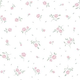 pastels pink cute small rose flowers with green leaves on white background, simple ditsy style. seamless pattern for textile, fashion fabric print, decor, design, woman and home collection. vector 
