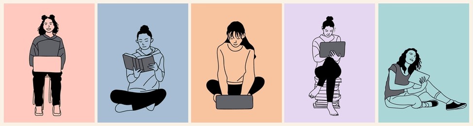 linear vector illustration set of young girls reading books, working on laptop, watching online course, training. education concept. back to school. outline drawing isolated on pastel background.