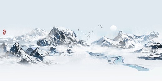 hand drawn winter snow scenery, ink wash landscape painting, winter solar term background